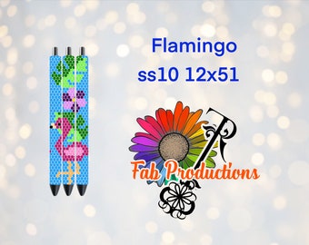 May include: Three pink and blue beaded pens with a flamingo and flower design. The pens are 12 inches long and 51 beads wide. The text "Flamingo ss10 12x51 Fab Productions" is visible in the image.