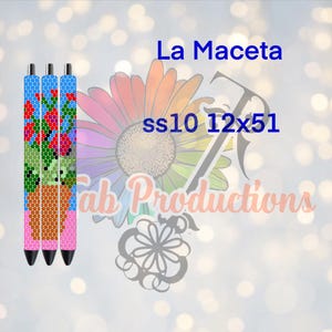 May include: Three pens with a beaded design featuring a cactus in a pot with red flowers against a blue sky background. The pens have black tips and the text "La Maceta" is visible.