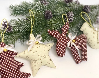 Set of 4 Christmas hanging, Xmas tree hanging ornaments, Christmas hanging deer, red gold Xmas hanging, handmade xmas ornaments