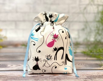 Reusable fabric gift bag, cotton gift bag, pouch cats, eco friendly packaging, birthday bag, lined drawstring bag, textile bag cats