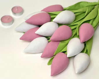 Textile tulips, fabric flowers, pink white tulips, Easter flowers, birth flower bouquet, artificial tulips, spring flowers for vase
