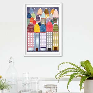 Buy a fun,  Colourful original ”City of knit hats” illustration ,  digital printable download, set of 3 prints,  A3, A4, A5.