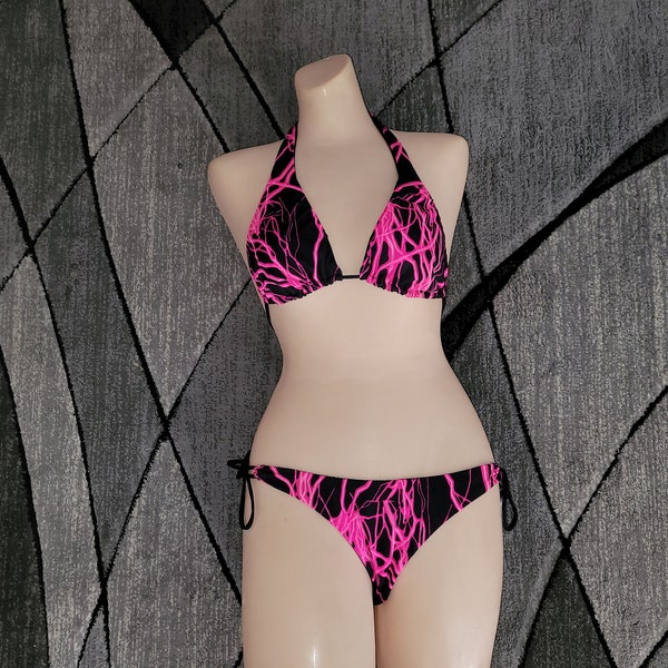 Electric Pink Lightning Bikini Set. Halter Top with Low Rise Bottom, Small Size, Two-Piece, Cheeky,