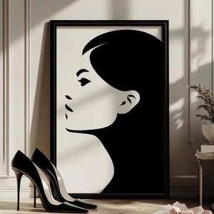 LIV, poster minimalista in bianco e nero, ritratto astratto di una donna di profilo, decorazione d'interni moderna, monocromatico astratto