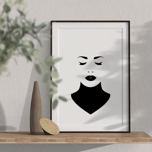 ANALIA, Affiche minimaliste d'une femme en noir et blanc, Portrait de face, Collier de cuir noir, Art Mural, Illustration coquine