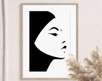SARAH, Illustration minimaliste en noir et blanc d'une femme portant un voile, Décoration intérieure, Dessin d'un visage de femme de profil