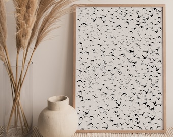 Bird migration, Murmuration phenomenon, Flock of birds, Minimalist poster in black and white, Wall art