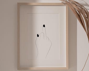 Poster einer Hand, die einen Fick macht, Schwarz-Weiß-Illustration, feministische Zeichnung, minimalistische Wandkunst
