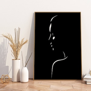 JULIETTE, Minimalist monochrome poster, Abstract illustration of a woman, Black and white portrait, Digital drawing, Wall decoration