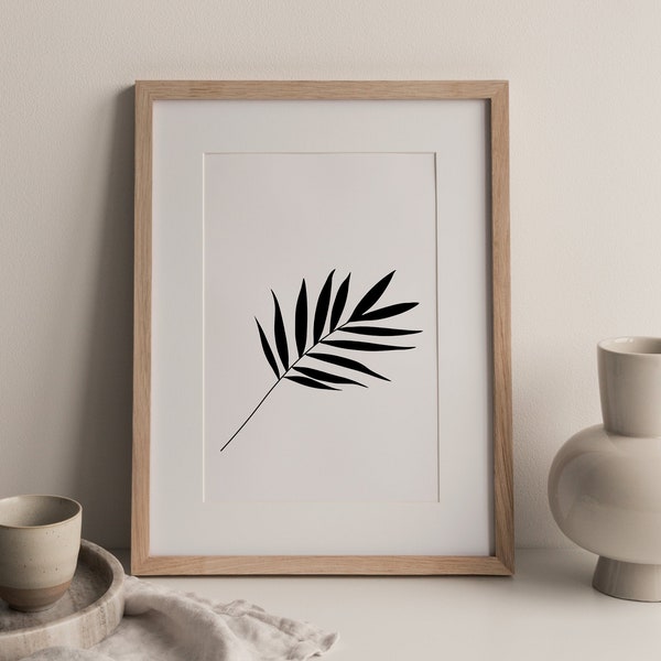 Affiche minimaliste en noir et blanc, Illustration d'une petite feuille, Décoration botanique, Dessin de plante verte, Art mural