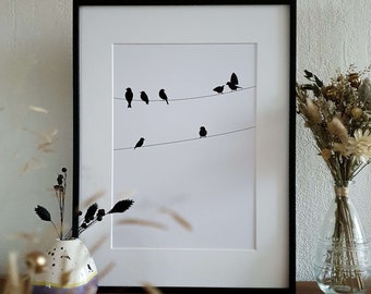 Minimalist poster of small birds on a wire, Original black and white drawing, Animal illustration, Wall art, A4 format and 30x40 cm