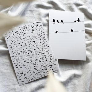 Minimalistische Illustrationen auf kleinen Karten, Schwarz-Weiß-Zeichnung, Briefpapier mit Vogelmotiven, Originelles Geschenk, Kunst, Dekoration