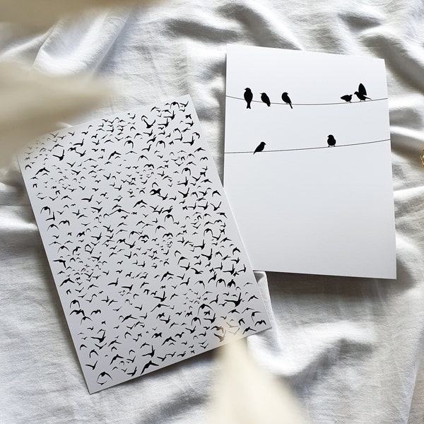 Illustrations minimalistes en petites cartes, Dessin en noir et blanc, Papeterie sur le thème des oiseaux, Cadeau original, Art