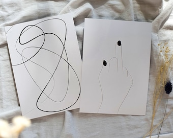 Könnte beinhalten: Zwei minimalistische Kunstdrucke in Schwarzweiß. Ein Druck zeigt eine einfache abstrakte Linienzeichnung. Der andere Druck zeigt eine Linienzeichnung einer Hand, die den Mittelfinger zeigt.