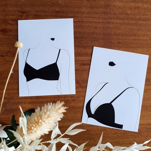 NINA und MADDY, Kleine minimalistische Illustration in Schwarz und Weiß, Erotische Kartenherstellung, 13x18 cm, Freche Zeichnung, BDSM-Kunst, Frau in Dessous