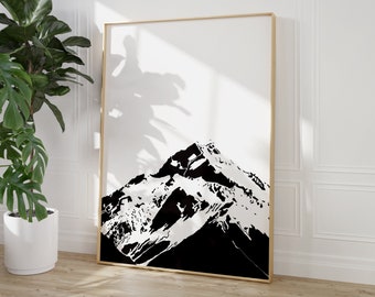 La montagne, Affiche minimaliste graphique en noir et blanc, Décoration intérieure épurée, Art mural abstrait, Sommet enneigé, Alpinisme