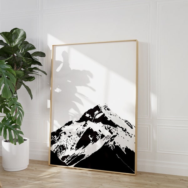 La montagne, Affiche minimaliste graphique en noir et blanc, Décoration intérieure épurée, Art mural abstrait, Sommet enneigé, Alpinisme