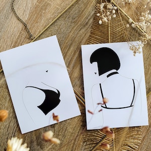 HELENA e MARTA, Ilustração minimalista em preto e branco de uma mulher, Desenho de uma mulher em lingerie, cartão 13x18 cm, Confecção de cartões eróticos