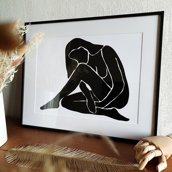 CHLOE, Affiche minimaliste en noir et blanc, Illustration dans le style de Matisse, Dessin d'une femme assise, Art mural abstrait, Femme nue