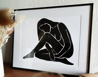 CHLOE, Affiche minimaliste en noir et blanc, Illustration dans le style de Matisse, Dessin d'une femme assise, Art mural abstrait, Femme nue