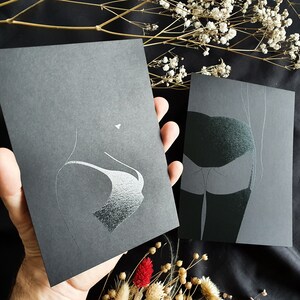 Ilustrações minimalistas, HELENA, EVA, cartão 13x18 cm, Desenho preto, Preto sobre preto, Apenas uma cópia, Arte BDSM, Confecção de cartões eróticos