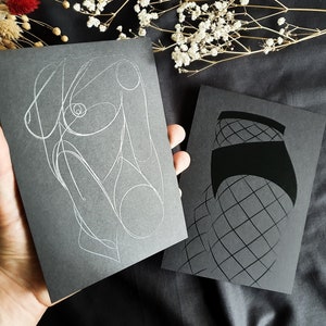 Minimalistische Illustrationen, MIA, ALICE, schwarze Karte 13x18 cm, BDSM-Zeichnung, Nois auf Schwarz, nur ein Exemplar, minimalistische Wandkunst