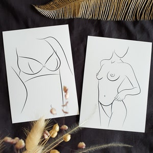Capucine et Lucy, Illustrations minimaliste, Dessin line art de femme nue, Carte érotique 13x18 cm, Décoration love room, Art coquin, Ligne