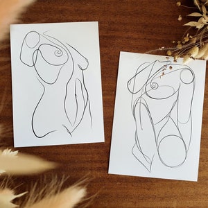 Ilustração linear minimalista, THEA, MIA, desenho de mulher nua em preto e branco, 13 x 18 cm, cartão erótico, arte de parede erótica BDSM