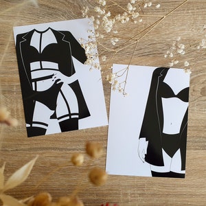 Minimalistische Illustration, LILY, LEA, Erotische Kartenherstellung, Schwarz-Weiß-Zeichnung, 13 x 18 cm, BDSM-Geschenk, Sexy Postkarte, Dekor für Erwachsene