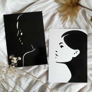 Minimalistische Illustration, Profilporträt, LIV, JULIETTE, Zeichnung einer Frau, Postkarte 13x18 cm, Luxuriöse erotische Kartengestaltung, Wandkunst