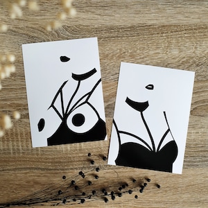 JADE und NORAH, minimalistische Karte, Schwarz-Weiß-Illustration, BDSM-Zeichnung, erotische Dekoration einer Frau in schwarzen Dessous, Wandkunst