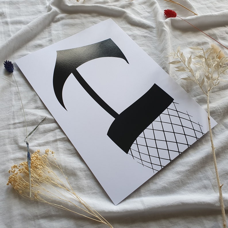 May include: Black and white illustration of a leg wearing fishnet stockings and a large, stylized axe.