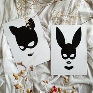 Minimalistische Illustration, MORGANE, LISA, Erotische Kartengestaltung, Schwarz-Weiß-Zeichnung, 13x18 cm große Karte, Sexy Maske, Erotisches Porträt einer Frau