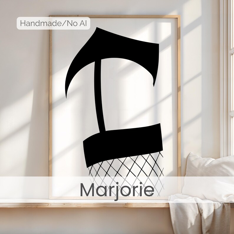 Marjorie, Sexy poster of a woman in black panties and fishnet stockings – Minimalist black and white illustration A3 – Bold and chic wall decor image 1