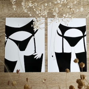 Illustrazione minimalista, CANDICE, VICTORIA, Disegno di donna in lingerie, Decorazione erotica, Monocromatico bianco e nero, Arte della parete