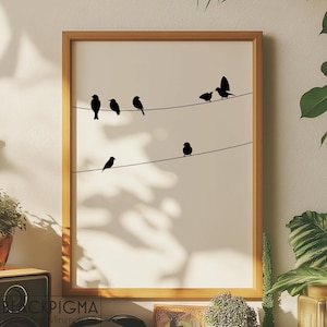 Póster minimalista de pequeños pájaros sobre un alambre, Dibujo original en blanco y negro, Ilustración de animales, Arte de pared, formato A4 y 30x40 cm