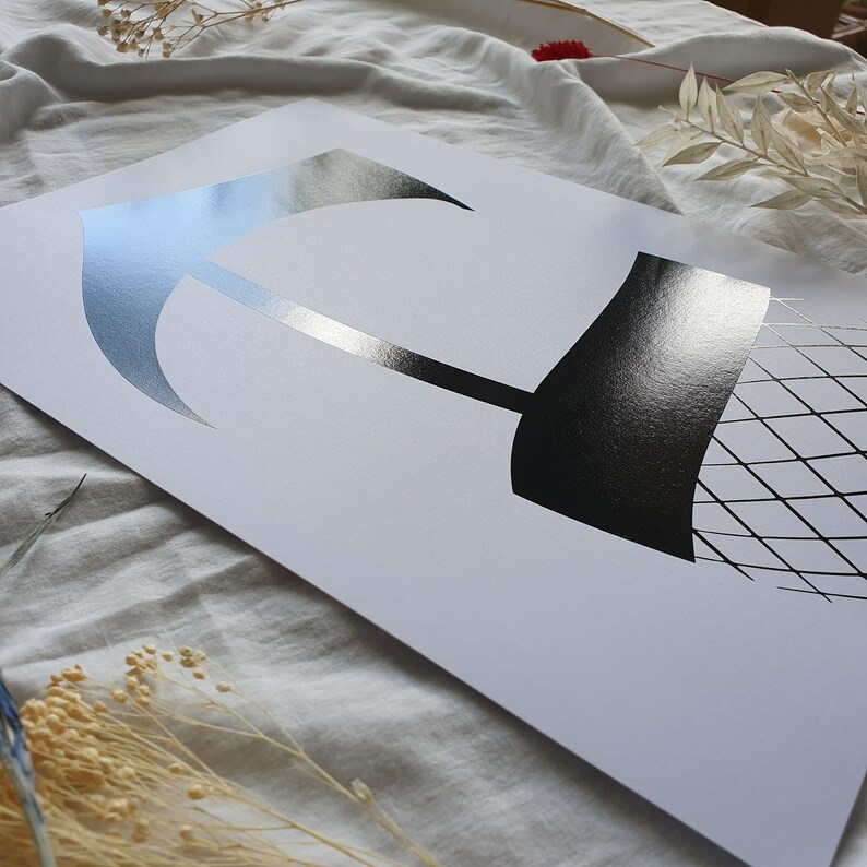 May include: A black and white illustration of a stylized leg wearing fishnet stockings. The image is printed on a white background.