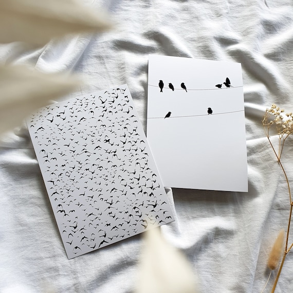 Illustrations minimalistes en petites cartes, Dessin en noir et blanc, Papeterie sur le thème des oiseaux, Cadeau original, Art, Décoration