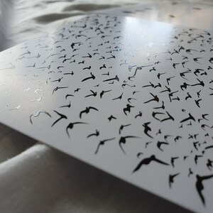 K&ouml;nnte beinhalten: Ein wei&szlig;es Blatt Papier mit einer schwarzen Silhouette von vielen V&ouml;geln, die in verschiedene Richtungen fliegen.