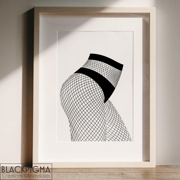 LOU, Affiche minimaliste en noir et blanc, Femme en lingerie sexy, Illustration BDSM, Dessin original et glamour, Décoration érotique
