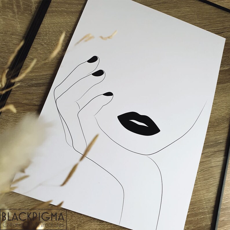 May include: Line art drawing of a woman's face with black lips and a hand resting on her cheek. The drawing is in black and white on a white background.