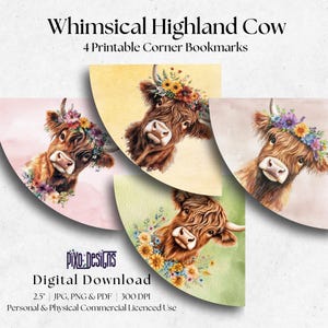 Whimsical Highland Cow Corner Bookmarks for Instant Print | Highland Cow Bookmark | Corner Bookmark | Digital Printable | Book Lover Gift