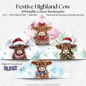 Festive Highland Cow Corner Bookmarks | Corner Bookmark | Highland Cow Bookmark | DIY Digital Printable Christmas | Gift for Book Lovers