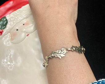 Silver Holly Leaf Bracelet, Taxco Silver Bracelet with Silver Balls, 925 Silver Link Bracelet, Vintage Taxco Sterling Holly Leaf Bracelet