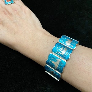 Siam Silver Blue Enamel Panel Bracelet, Vintage Siam Silver Guilloche Blue Enamel, Circa 1950s! Wide Sterling Siam Link Bracelet