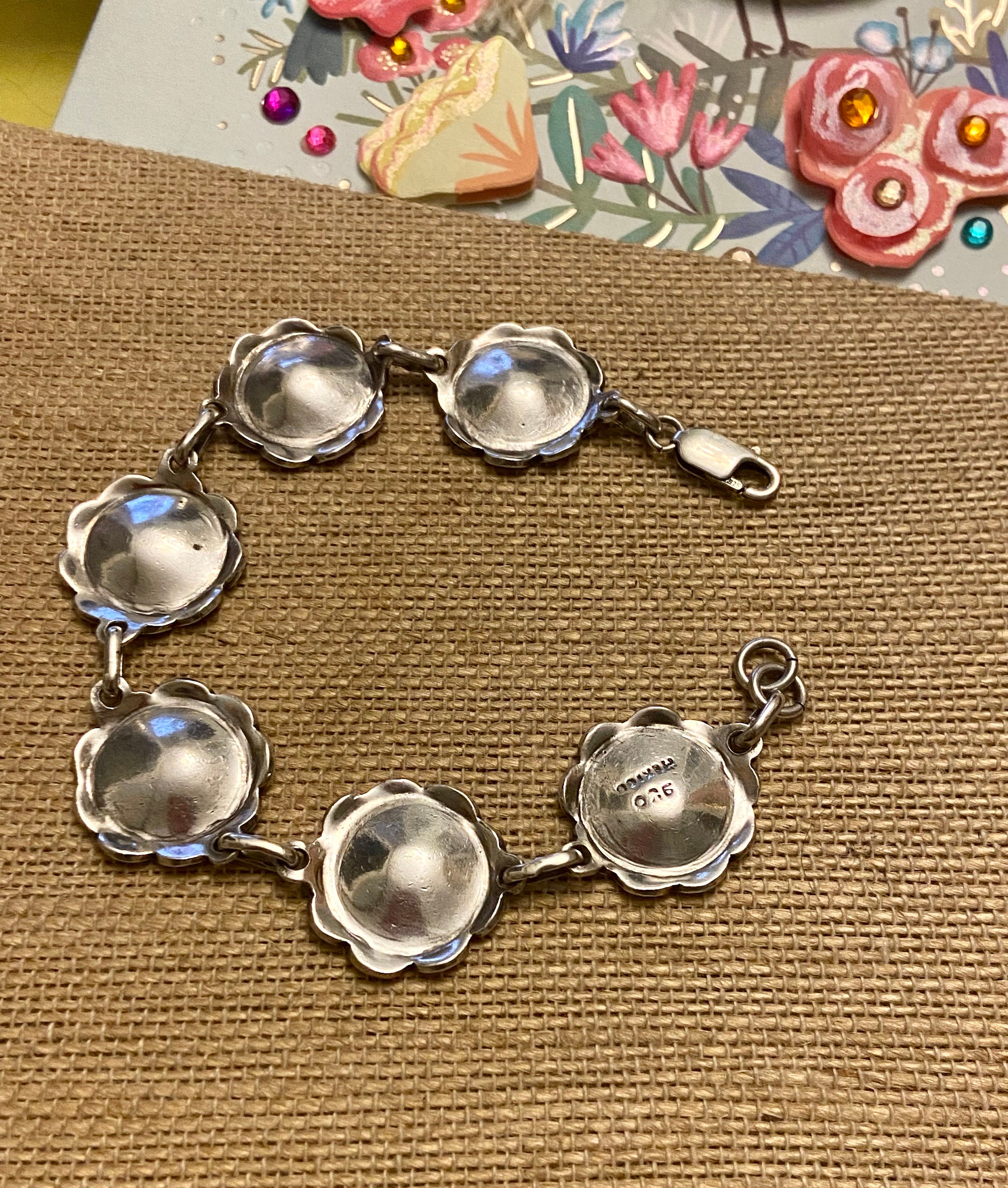 Mexico Silver 980 Multicolor Enamel Flower Link Bracelet