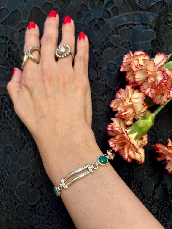 Vintage Silver Malachite Rectangular Link Bracele… - image 2