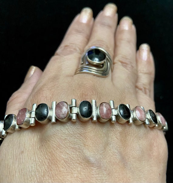 Silver 950 Onyx Pink Stones Link Bracelet, Vintage Silver 950 Link Bracelet, 950 Silver and Gemstones Bracelet