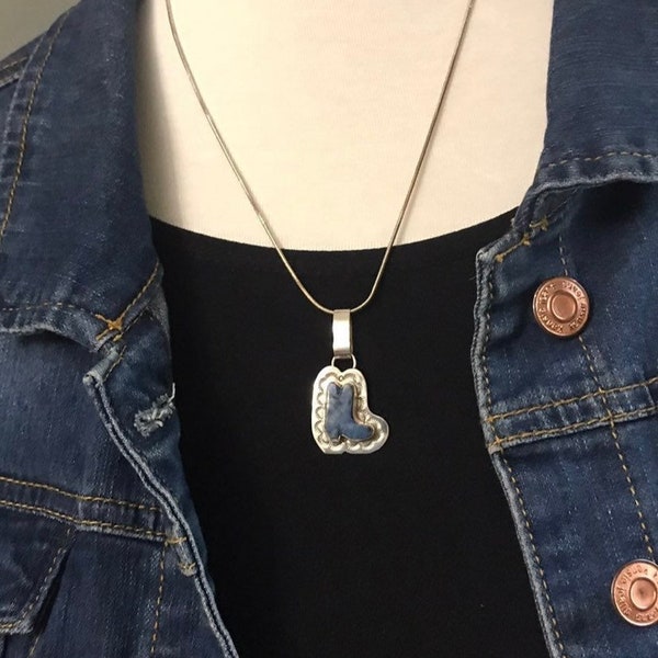 J Linkin Signed Navajo Sterling Silver Pendant with Stone, Sodalite Blue Stones Inlay, Southwestern Cowboy Boot Pendant 925