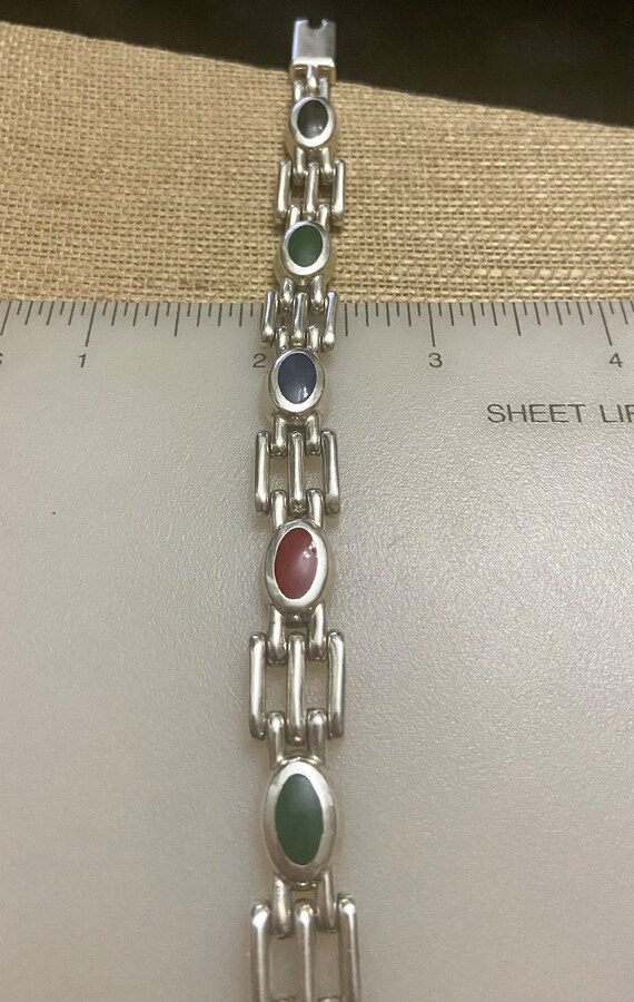Taxco Silver Link Bracelet with Inlay Stones, Vin… - image 3